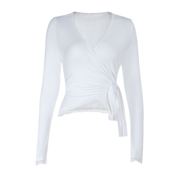 Self tie v neck long sleeve lace hem solid top  | Festival Outfits Women