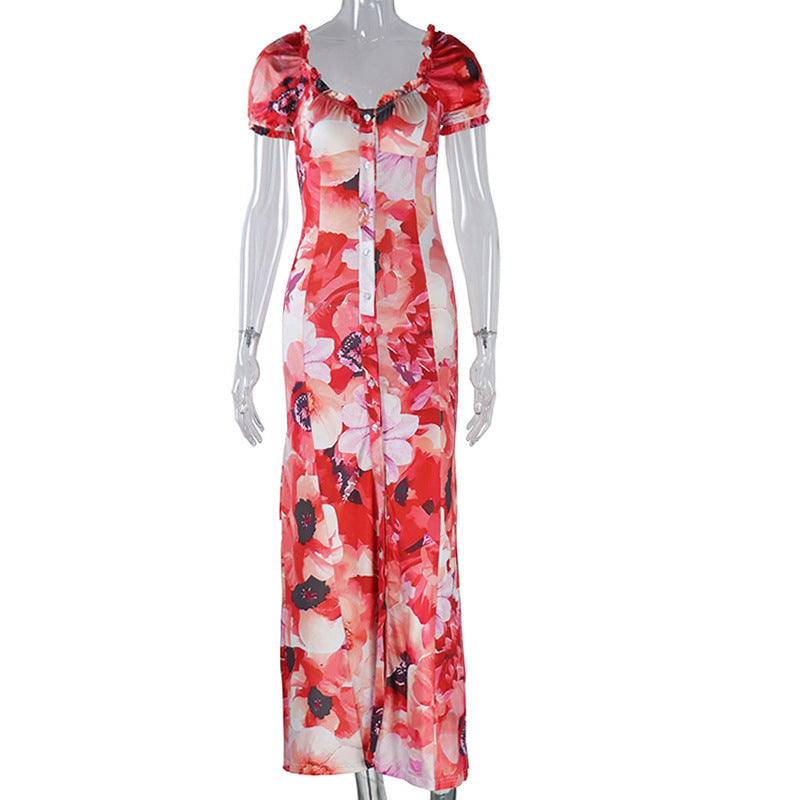 Short sleeve v neck flower print button maxi dress  | Festival Outfits Women