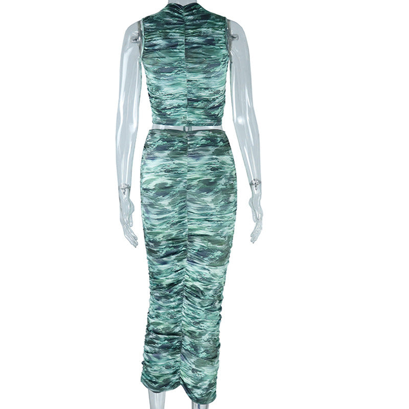 Drawstring ruched crewneck print midi skirt set  | Festival Outfits Women