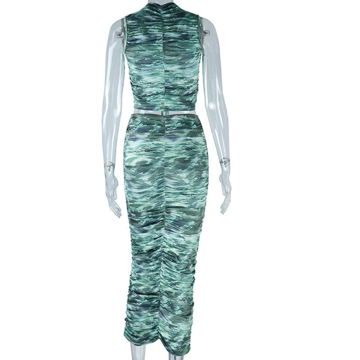 Drawstring ruched crewneck print midi skirt set  | Festival Outfits Women