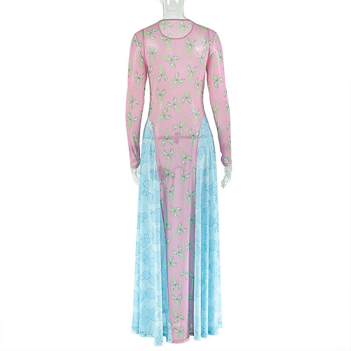 Long sleeve print crewneck mesh maxi dress  | Festival Outfits Women