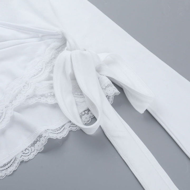 Self tie v neck long sleeve lace hem solid top  | Festival Outfits Women