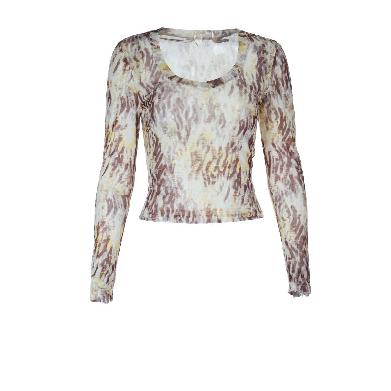 Print u neck long sleeve contrast top  | Festival Outfits Women