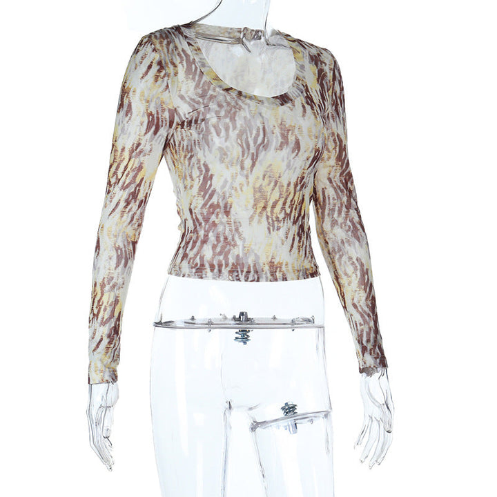 Print u neck long sleeve contrast top  | Festival Outfits Women