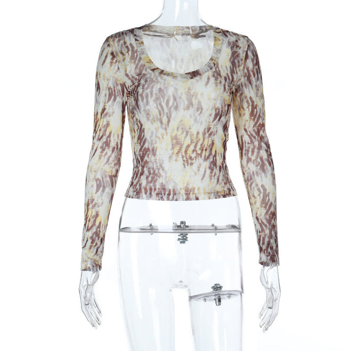 Print u neck long sleeve contrast top  | Festival Outfits Women