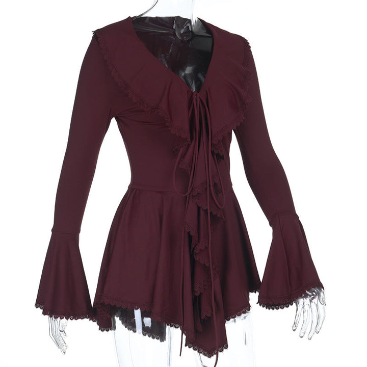 Long flared sleeve ruffle v neck self tie mini dress  | Festival Outfits Women