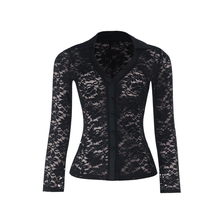 Lace long sleeve v neck button see through top  | Festival Outfits Women