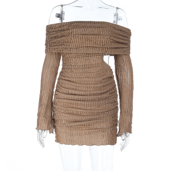 Textured long sleeve off shoulder hollow out cut out mini dress  | Festival Outfits Women