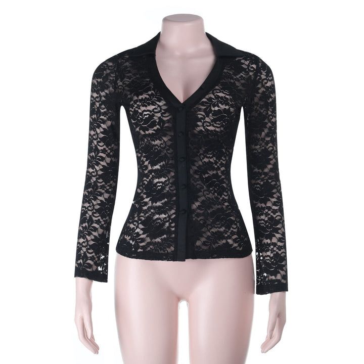 Lace long sleeve v neck button see through top  | Festival Outfits Women