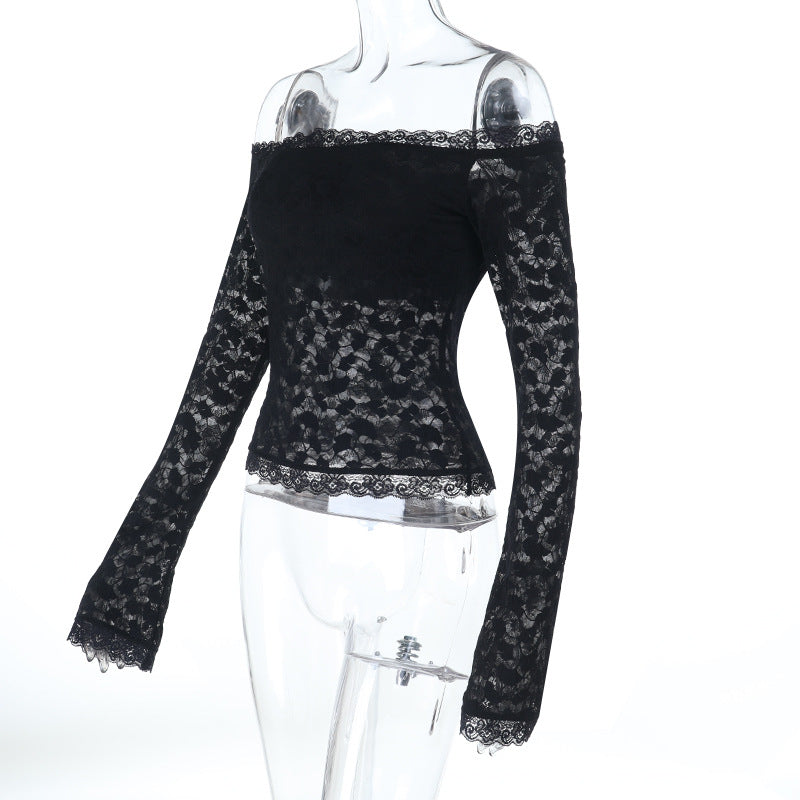 Long sleeve off shoulder lace solid top  | Festival Outfits Women