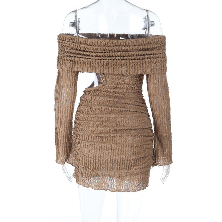 Textured long sleeve off shoulder hollow out cut out mini dress  | Festival Outfits Women