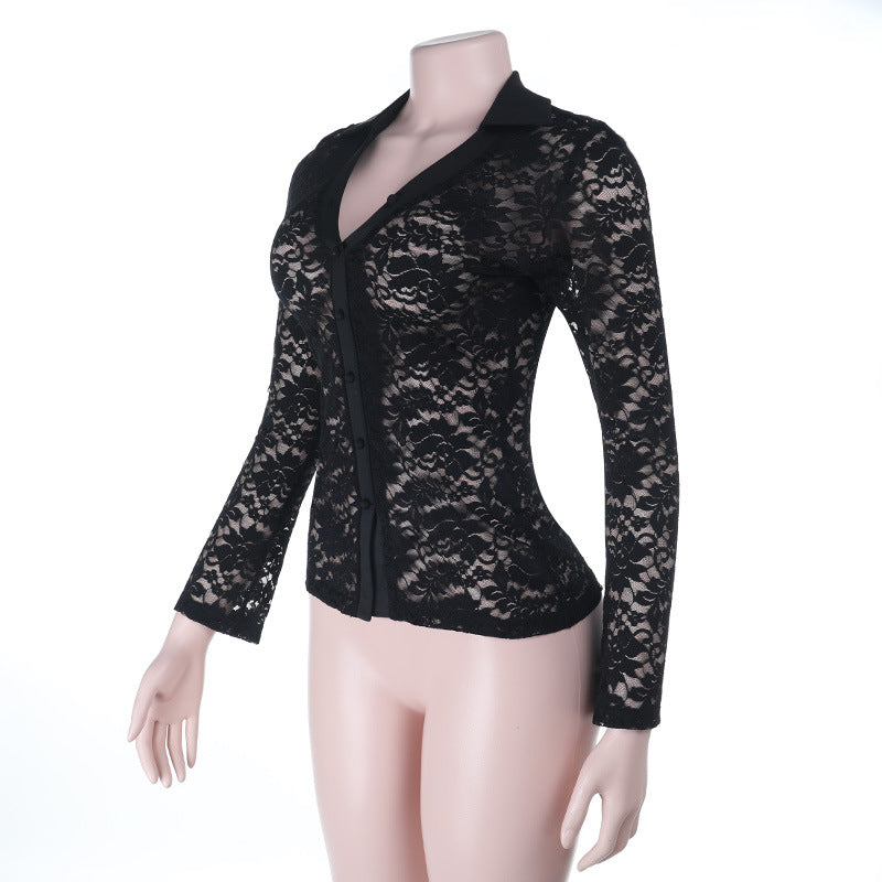 Lace long sleeve v neck button see through top  | Festival Outfits Women
