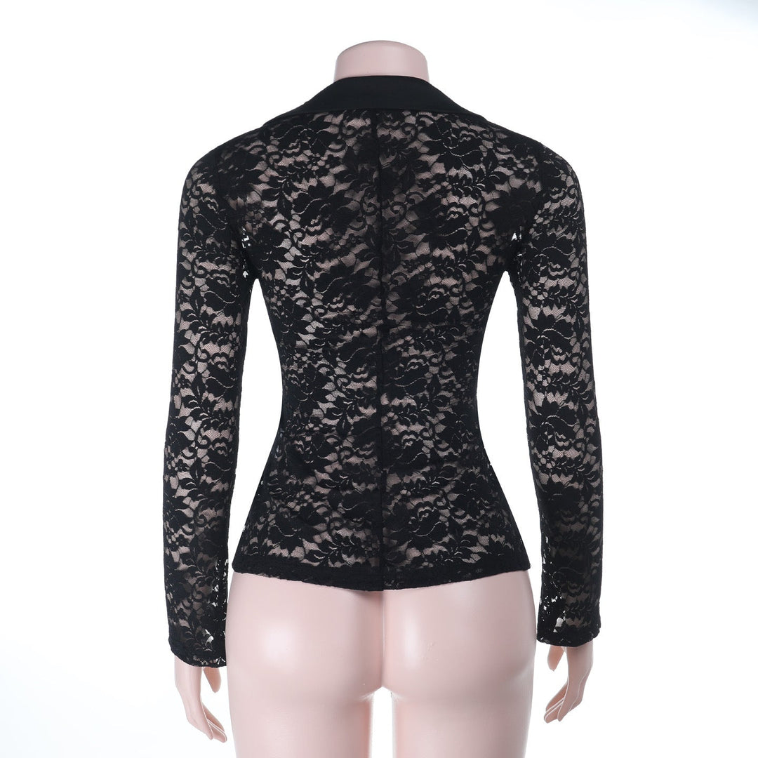 Lace long sleeve v neck button see through top  | Festival Outfits Women