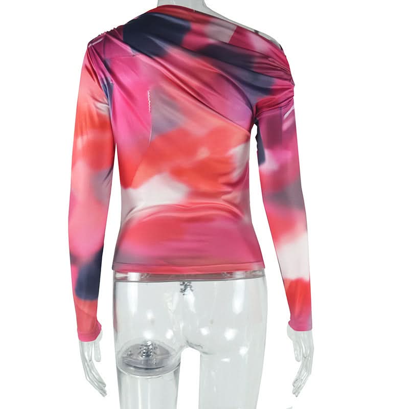 Long sleeve print irregular one shoulder top  | Festival Outfits Women