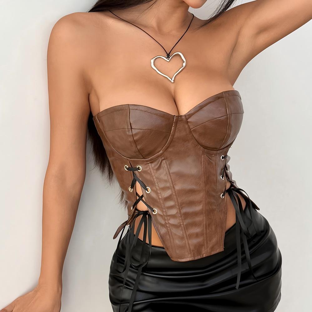 Sweetheart neck self tie corset PU leather tube top  | Festival Outfits Women