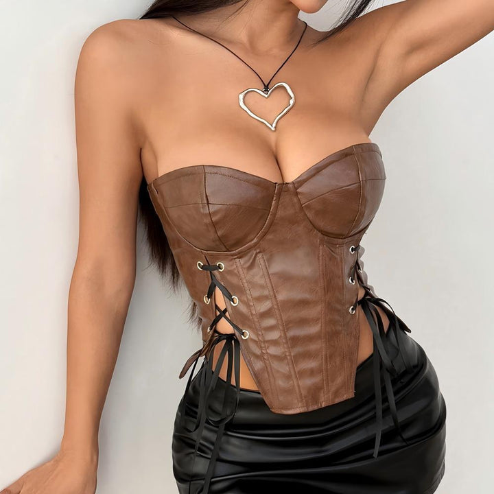 Sweetheart neck self tie corset PU leather tube top  | Festival Outfits Women