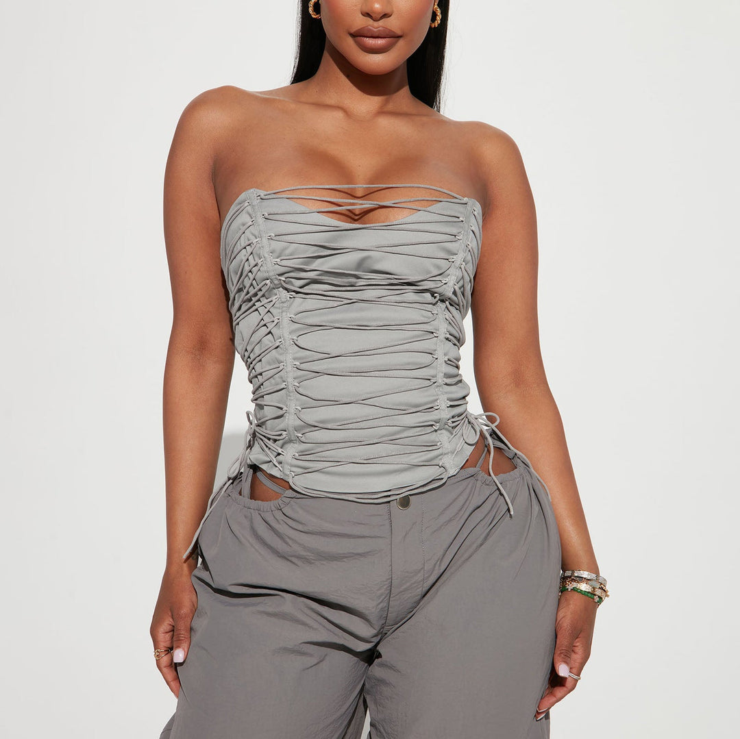 Self tie solid button backless crop top  | Festival Outfits Women