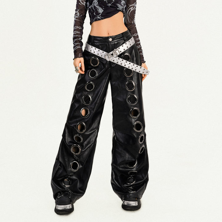 Hollow out PU leather button wide leg pant  | Festival Outfits Women