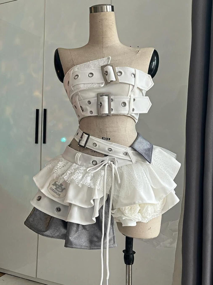 Irregular buckle patchwork lace mini skirt set  | Festival Outfits Women