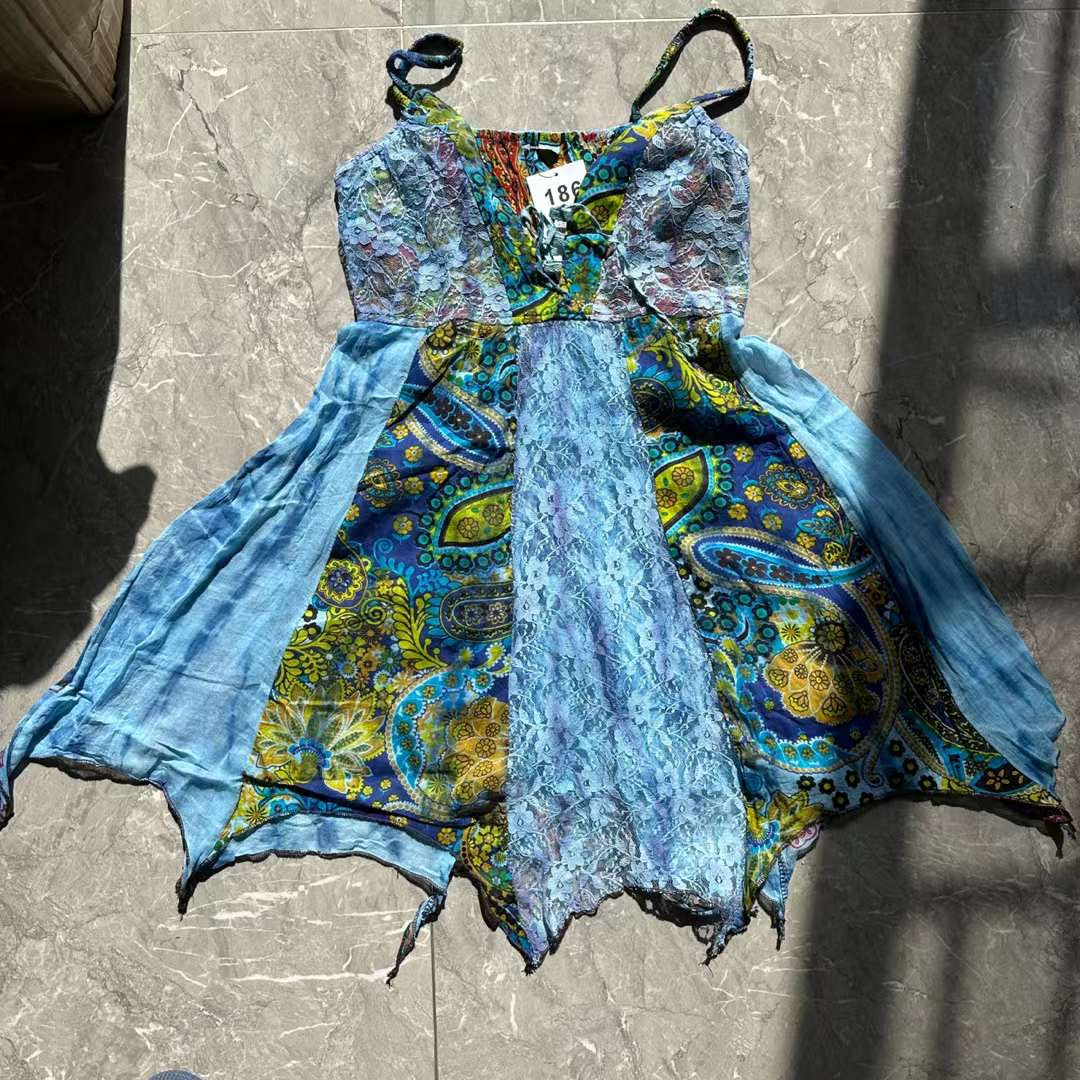 Self tie v neck print lace patchwork cami mini dress  | Festival Outfits Women