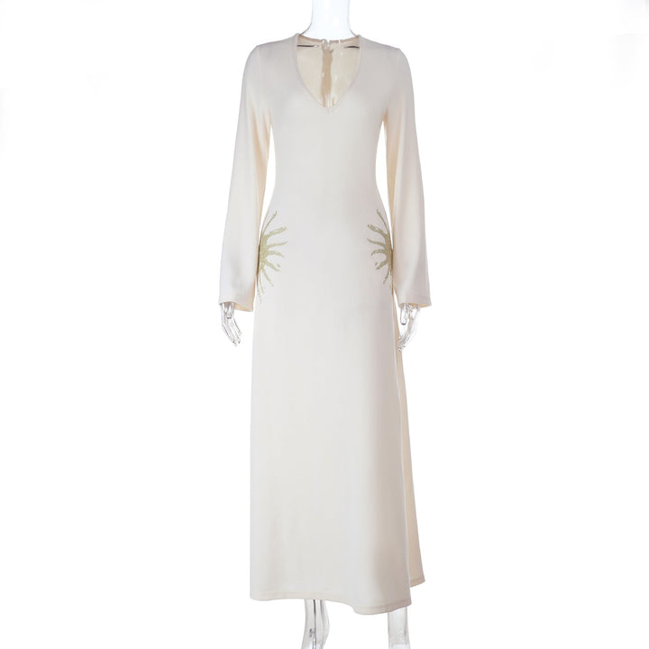 Long sleeve v neck zip-up self tie maxi dress  | Festival Outfits Women
