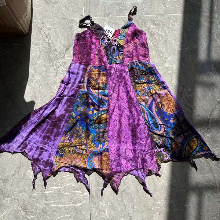 Self tie v neck print lace patchwork cami mini dress  | Festival Outfits Women