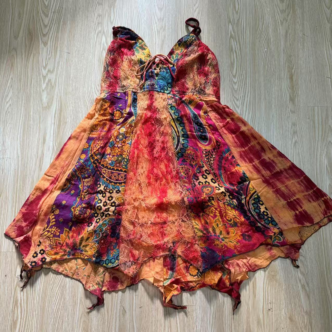 Self tie v neck print lace patchwork cami mini dress  | Festival Outfits Women