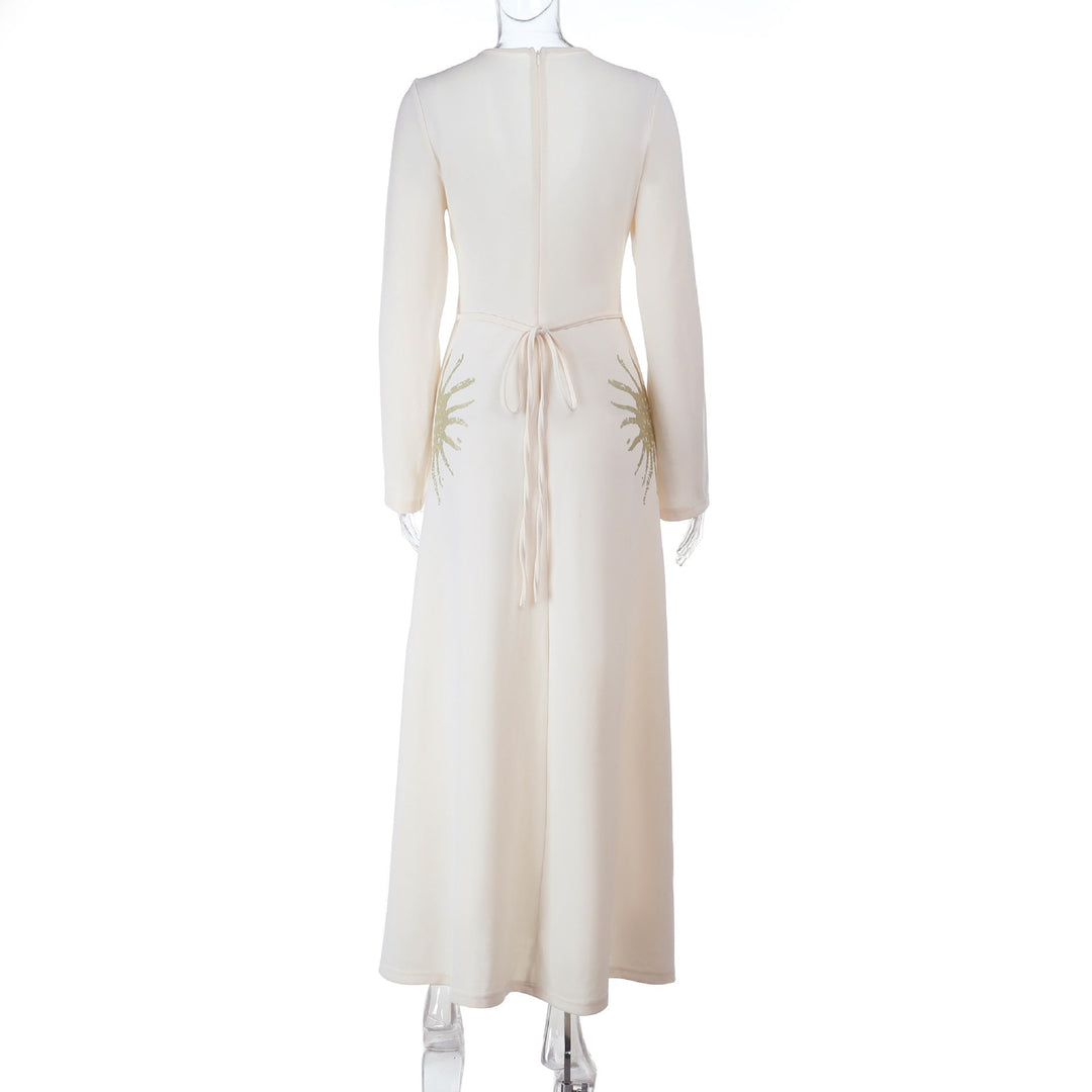 Long sleeve v neck zip-up self tie maxi dress  | Festival Outfits Women