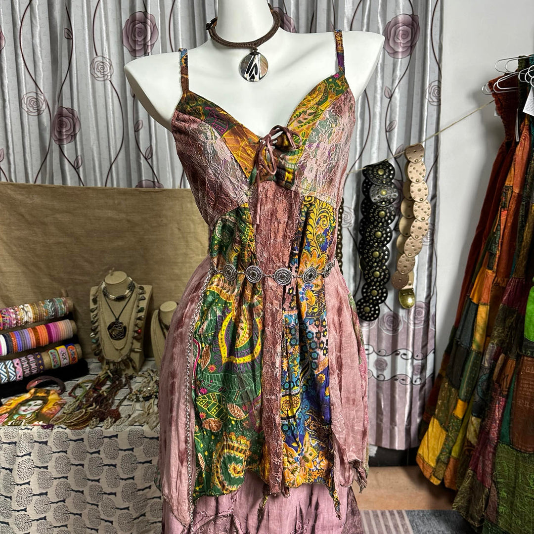 Self tie v neck print lace patchwork cami mini dress  | Festival Outfits Women