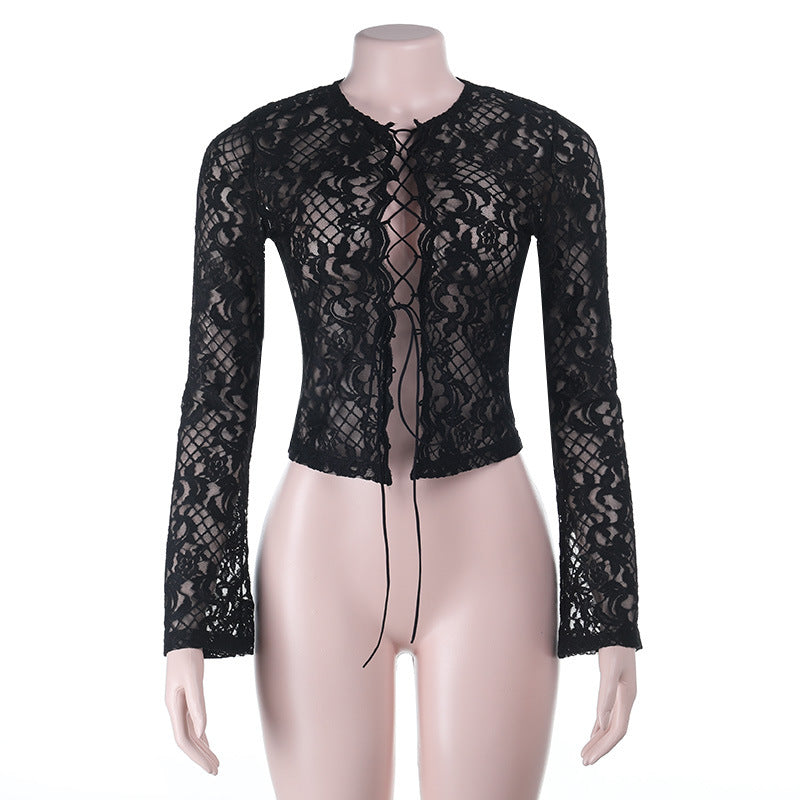 Long sleeve lace self tie solid crewneck top  | Festival Outfits Women