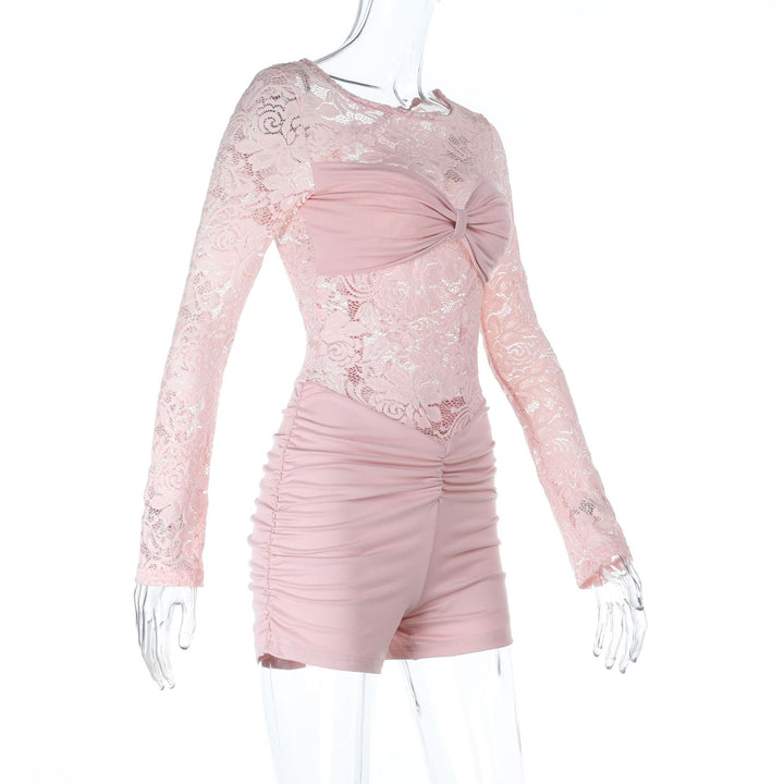 Lace long sleeve round neck ruched zip-up romper  | Festival Outfits Women