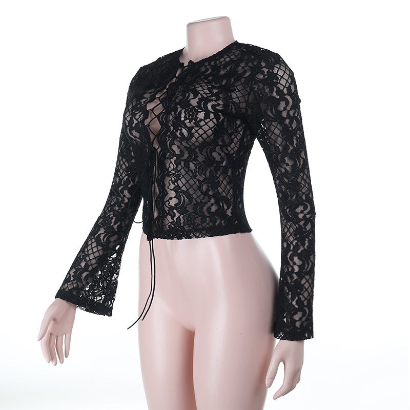 Long sleeve lace self tie solid crewneck top  | Festival Outfits Women