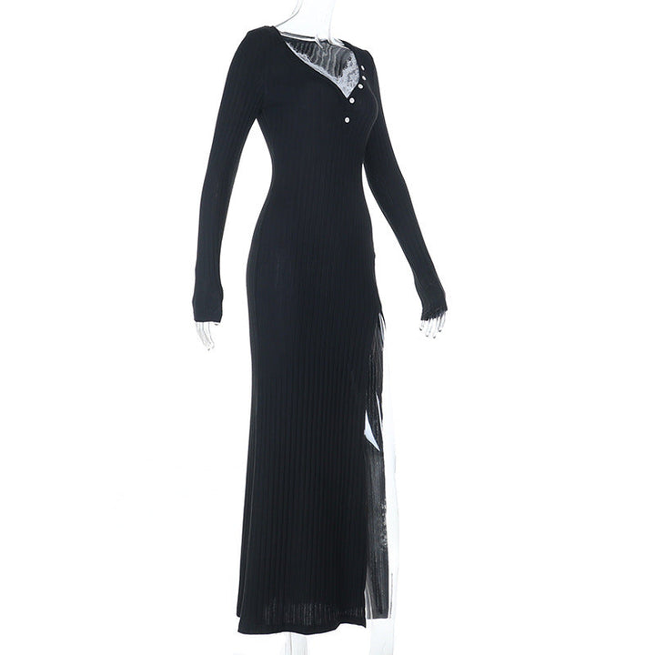 Long sleeve v neck lace hem slit maxi dress  | Festival Outfits Women