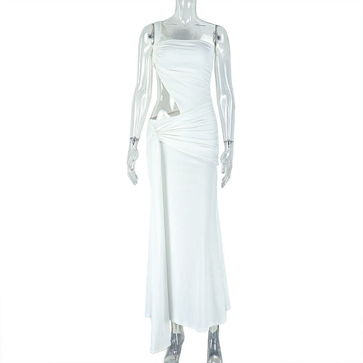 One shoulder irregular hollow out ruched cut out maxi dress  | Festival Outfits Women