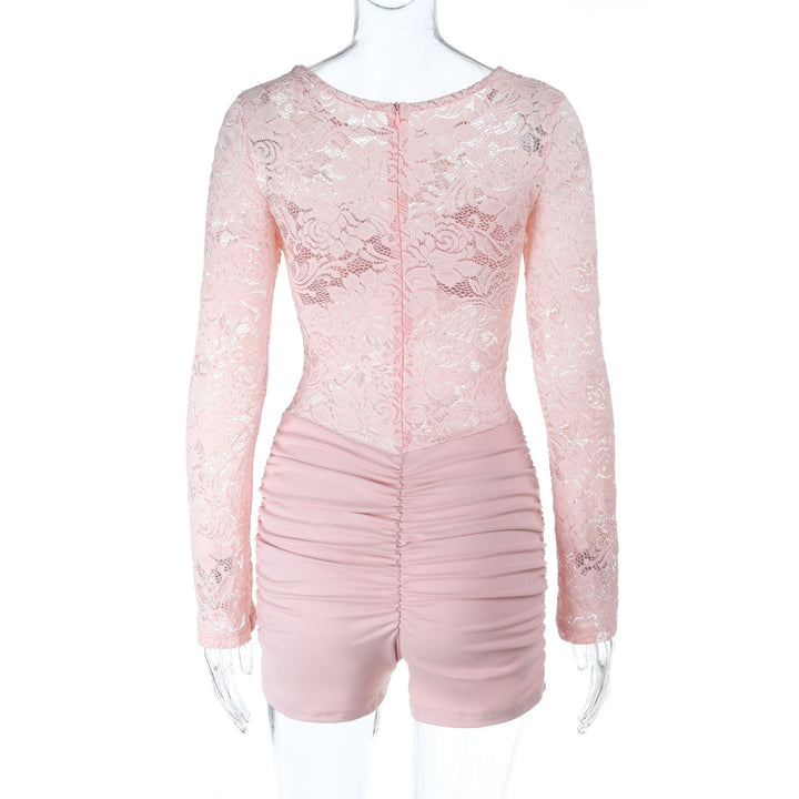 Lace long sleeve round neck ruched zip-up romper  | Festival Outfits Women
