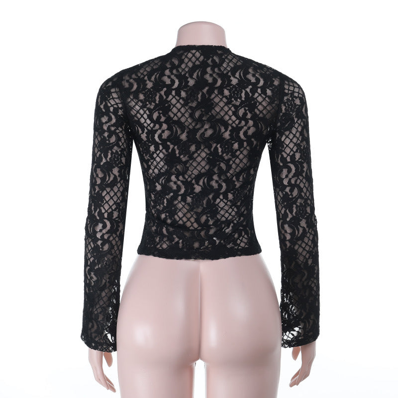 Long sleeve lace self tie solid crewneck top  | Festival Outfits Women