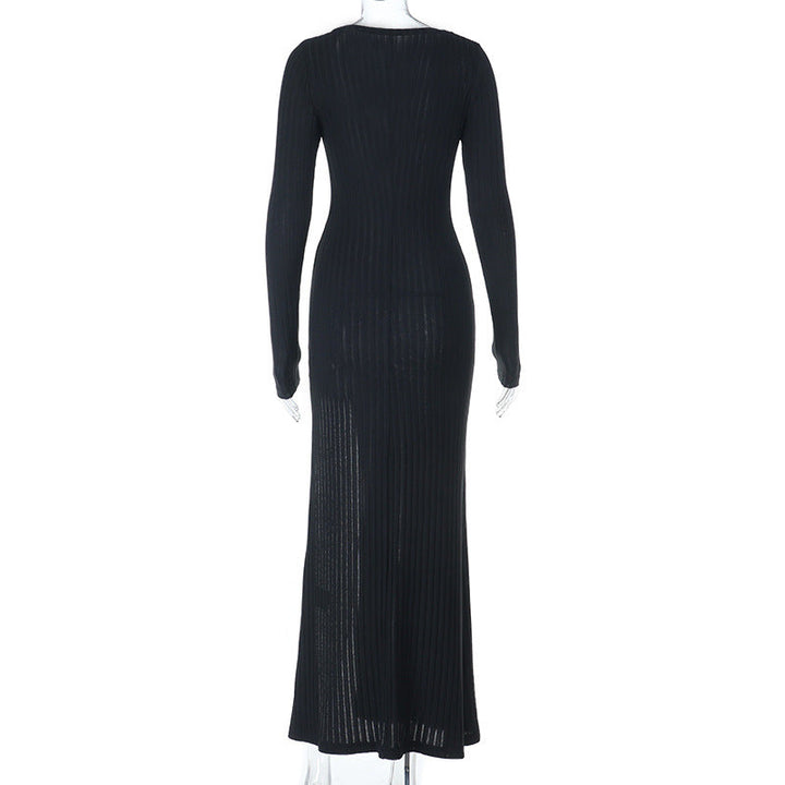 Long sleeve v neck lace hem slit maxi dress  | Festival Outfits Women