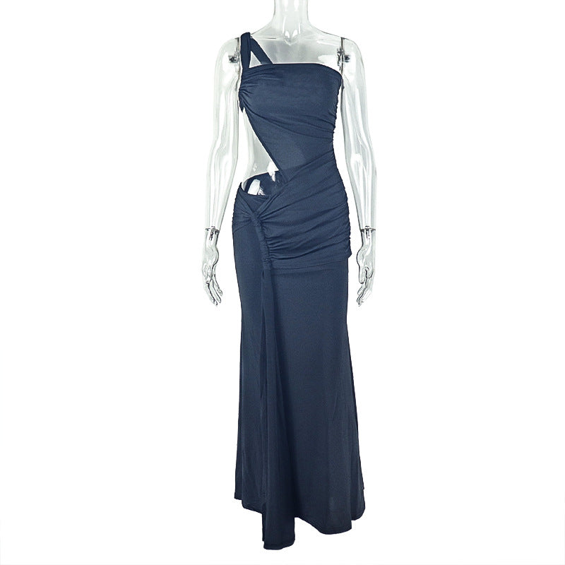 One shoulder irregular hollow out ruched cut out maxi dress