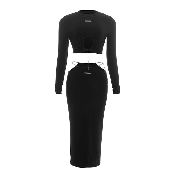 Long sleeve crewneck metal tag maxi skirt set  | Festival Outfits Women