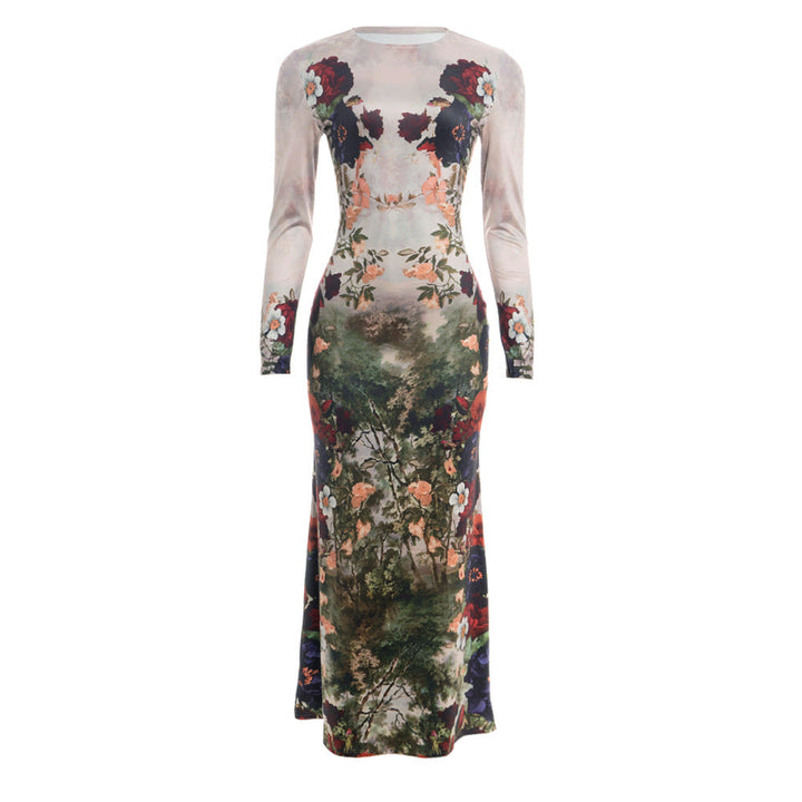 Flower print long sleeve crewneck maxi dress  | Festival Outfits Women