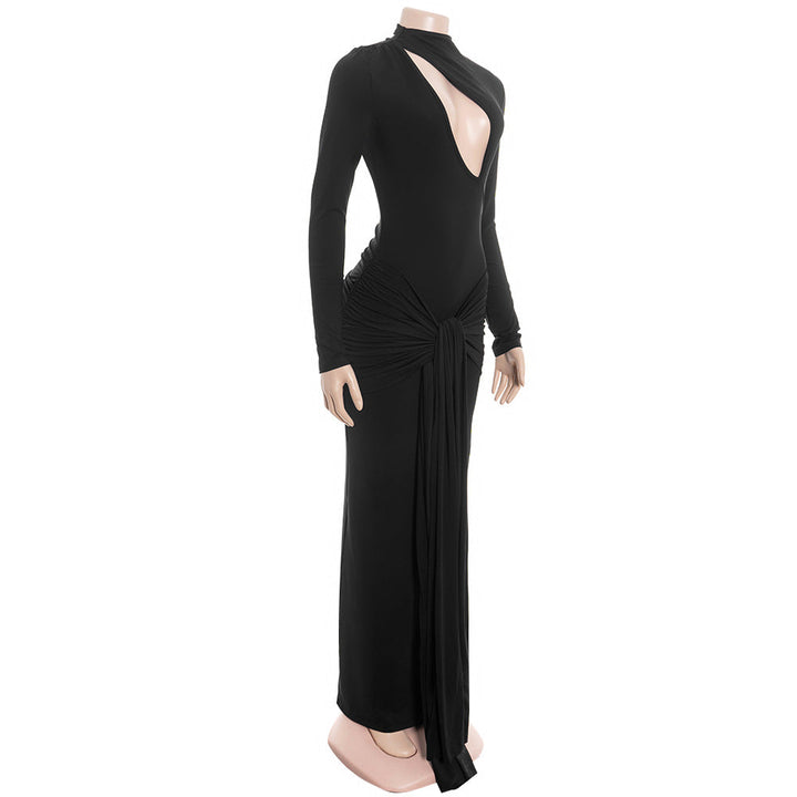 Long sleeve hollow out ruched zip-up cut out maxi dress  | Festival Outfits Women