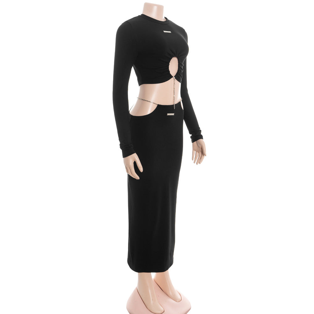 Long sleeve crewneck metal tag maxi skirt set  | Festival Outfits Women