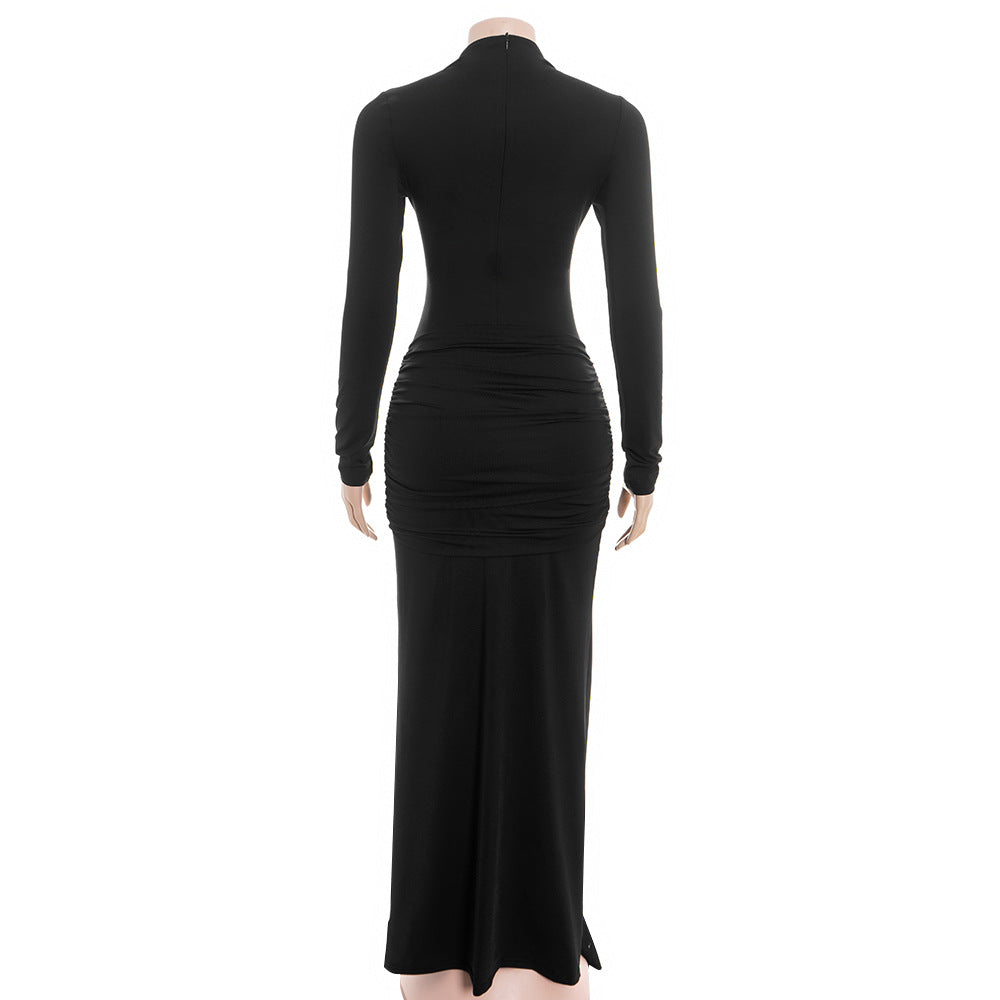 Long sleeve hollow out ruched zip-up cut out maxi dress  | Festival Outfits Women