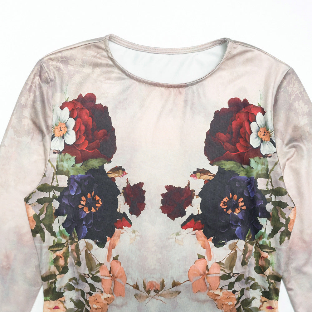 Flower print long sleeve crewneck maxi dress  | Festival Outfits Women
