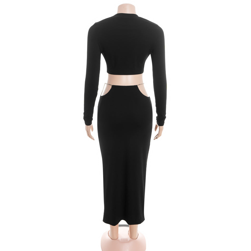 Long sleeve crewneck metal tag maxi skirt set  | Festival Outfits Women