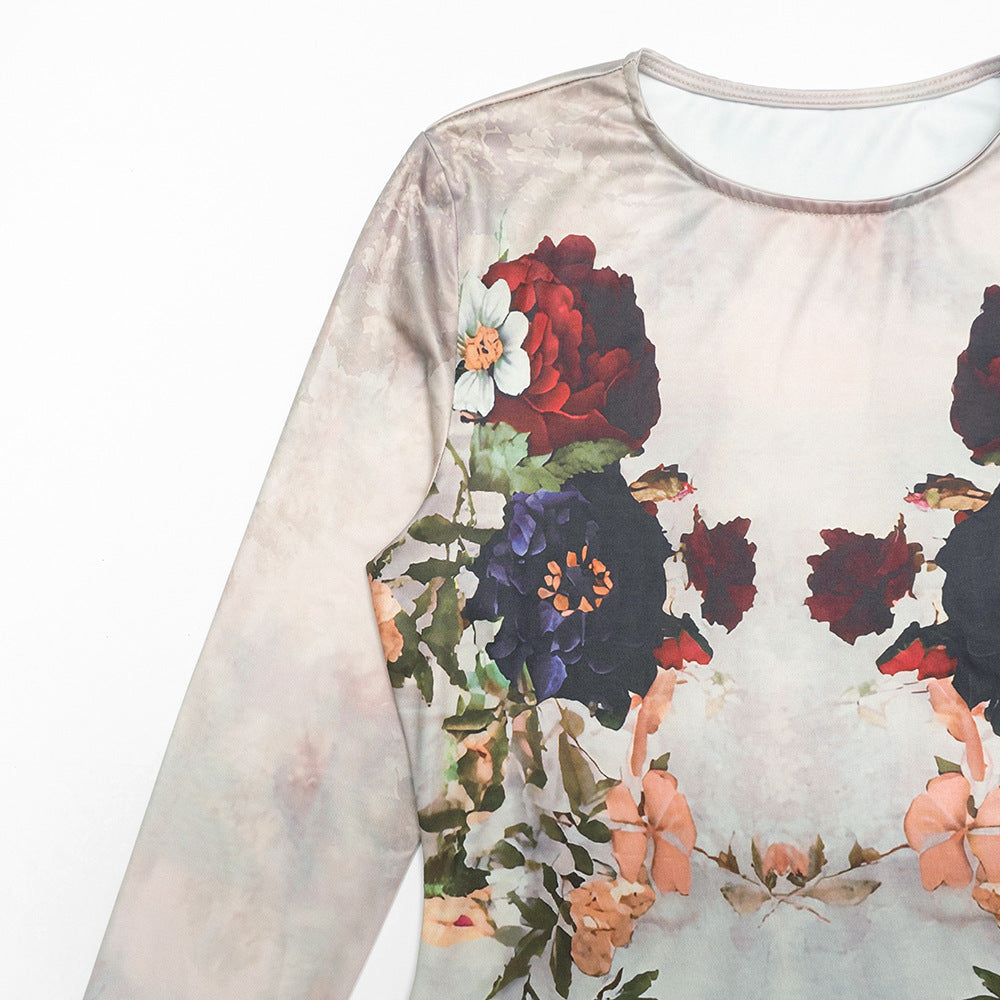 Flower print long sleeve crewneck maxi dress  | Festival Outfits Women