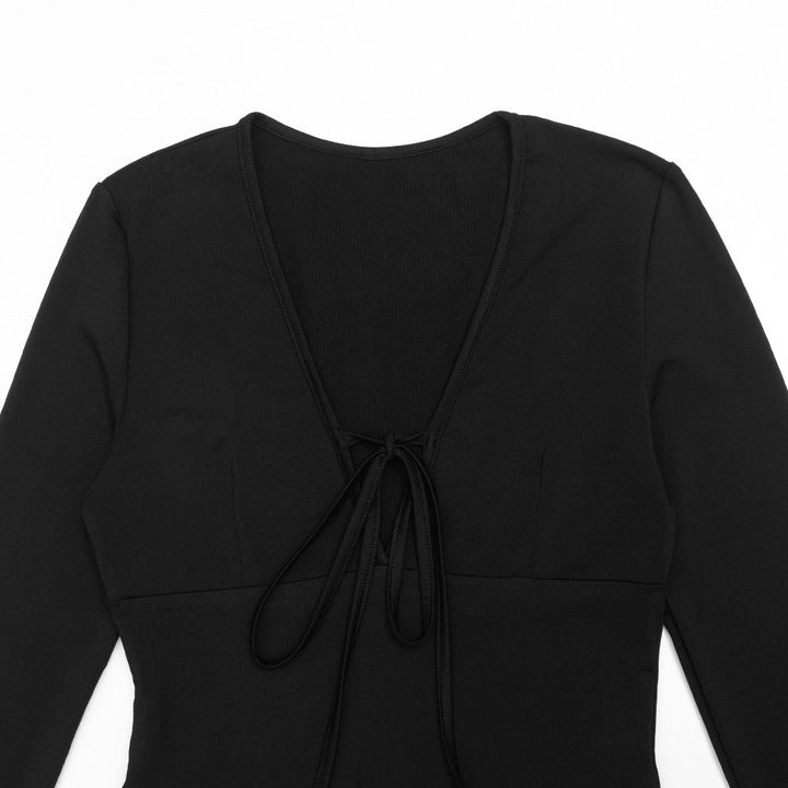 V neck self tie long flared sleeve mini dress  | Festival Outfits Women