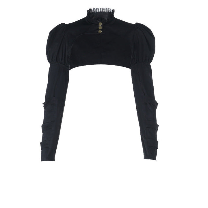 Long puff sleeve button buckle lace hem shrug top  | Festival Outfits Women