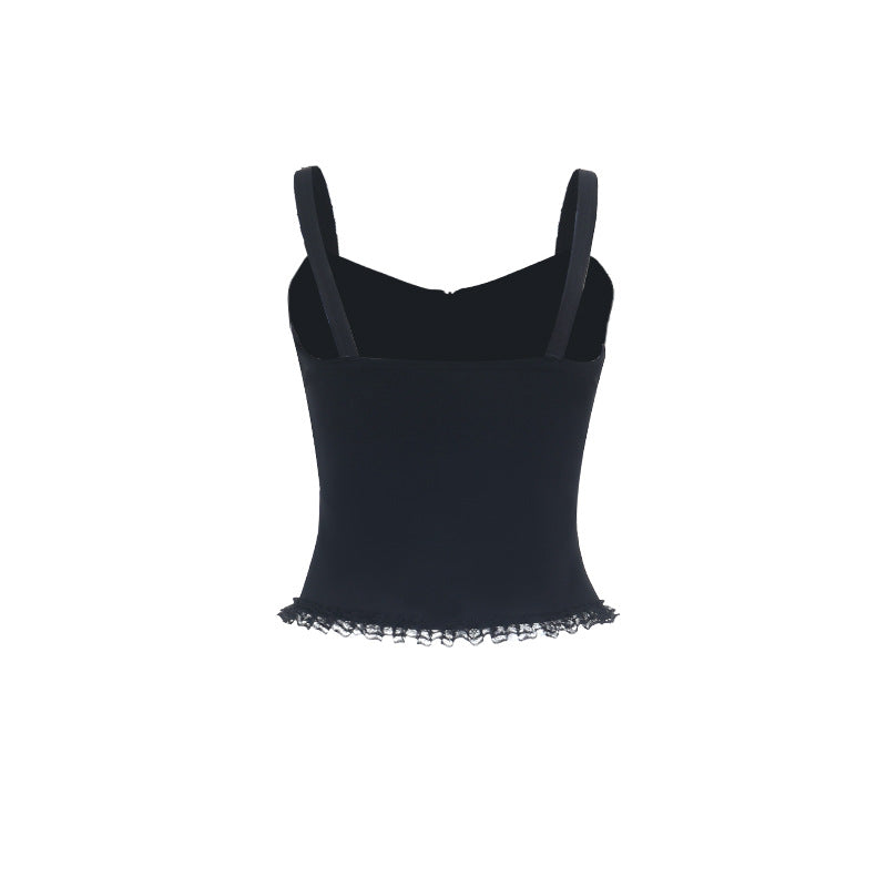 V neck zip-up buckle lace hem cami top  | Festival Outfits Women