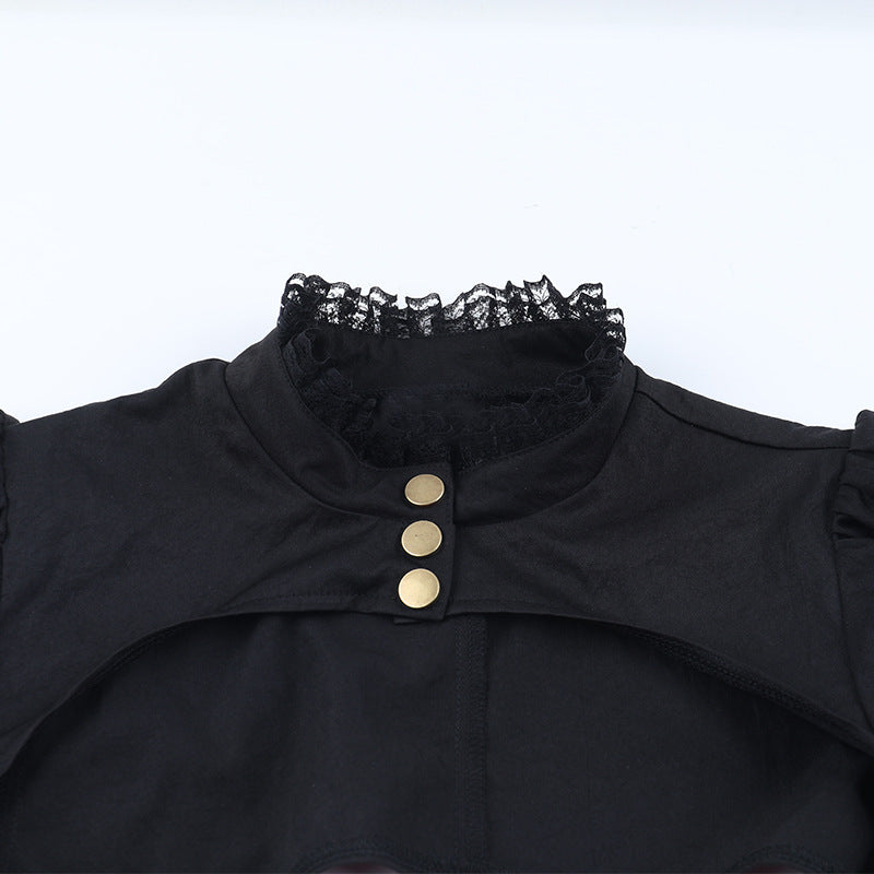 Long puff sleeve button buckle lace hem shrug top  | Festival Outfits Women